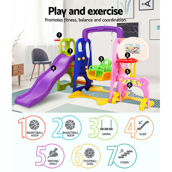 Kids 7-in-1 Slide Swing with Basketball Hoop Toddler Outdoor Indoor Play