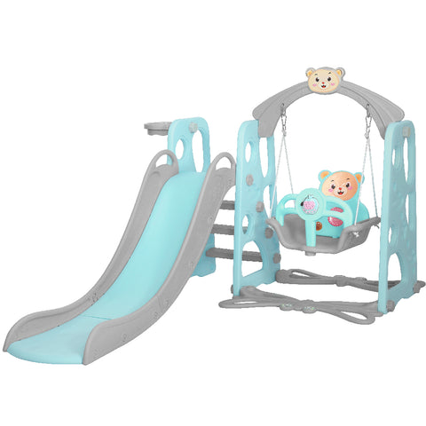 Green Kids Slide Swing Outdoor Playground Music Basketball Set