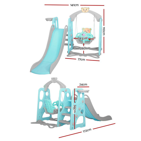 Green Kids Slide Swing Outdoor Playground Music Basketball Set