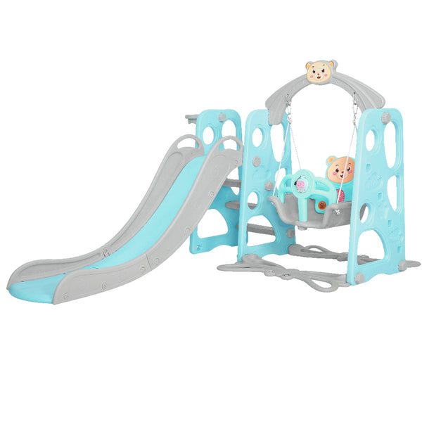 Green Kids Slide Swing Outdoor Playground Music Basketball Set