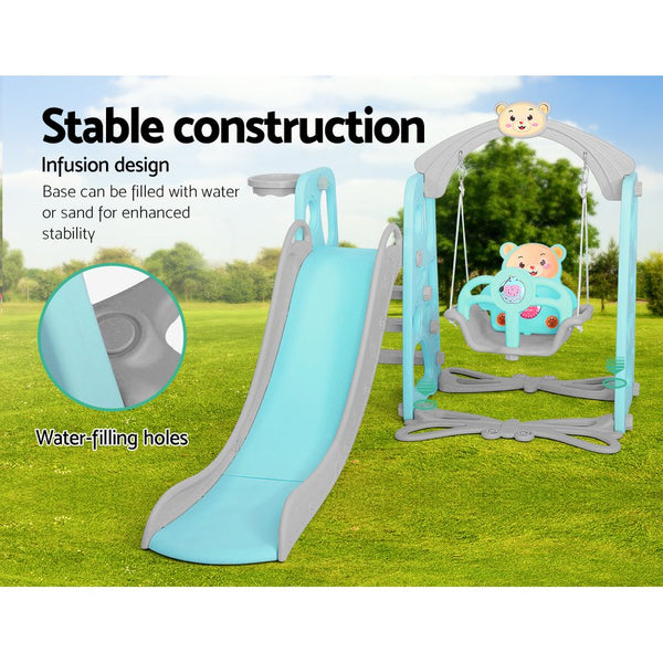 Green Kids Slide Swing Outdoor Playground Music Basketball Set