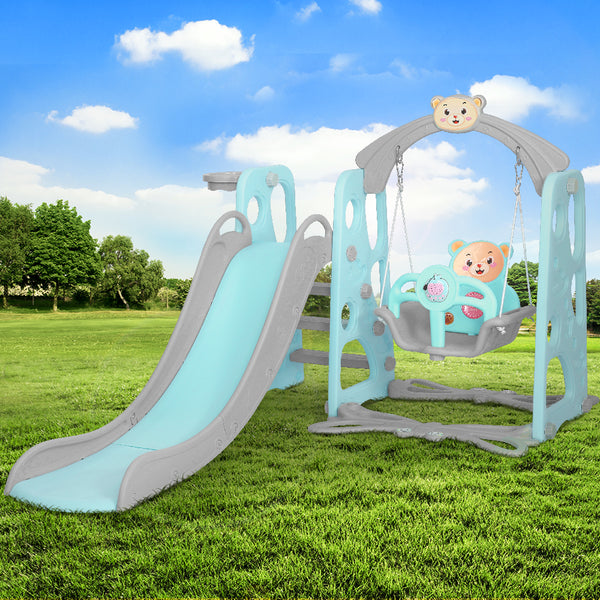Green Kids Slide Swing Outdoor Playground Music Basketball Set