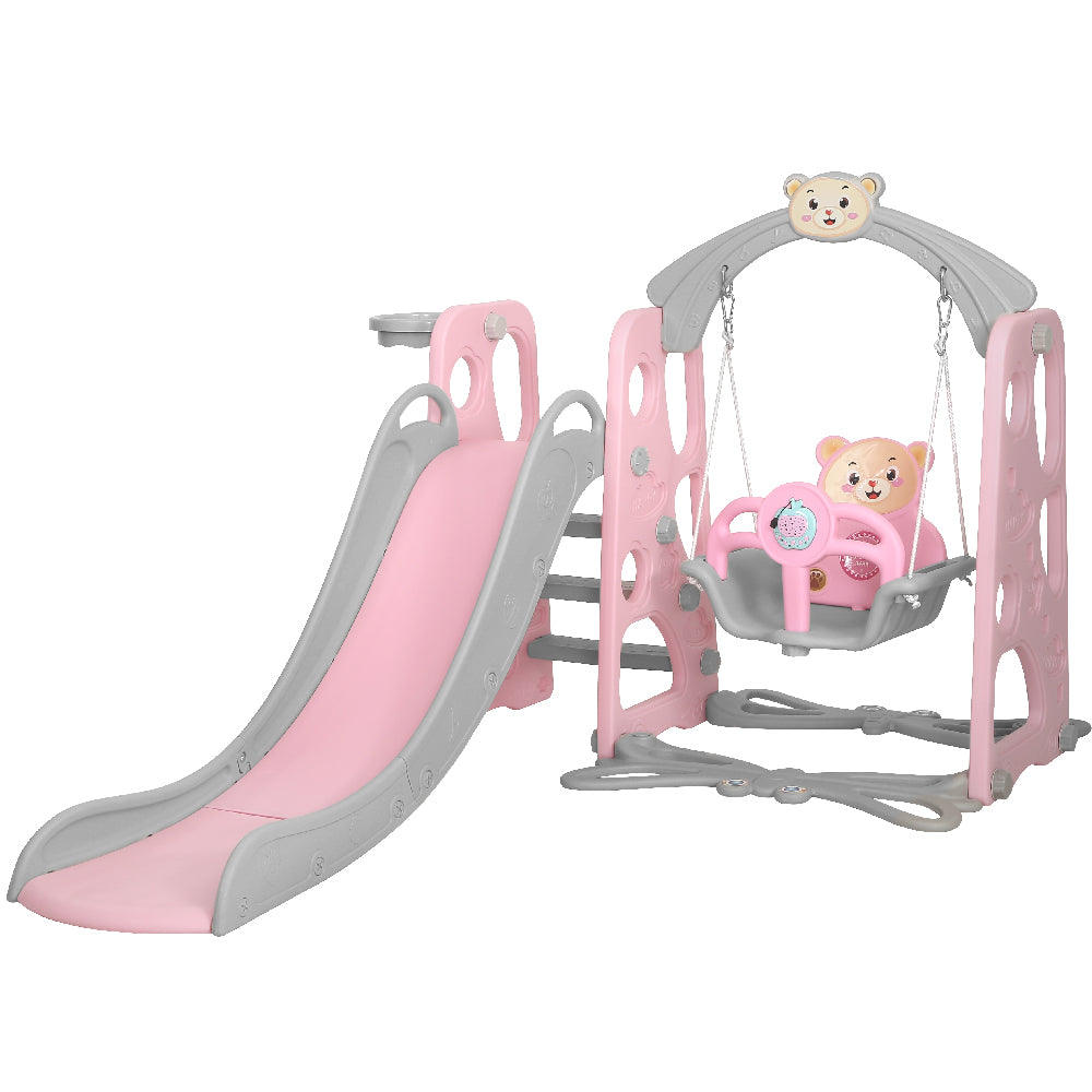 Pink Kids Slide Swing Outdoor Playground Music Basketball Set