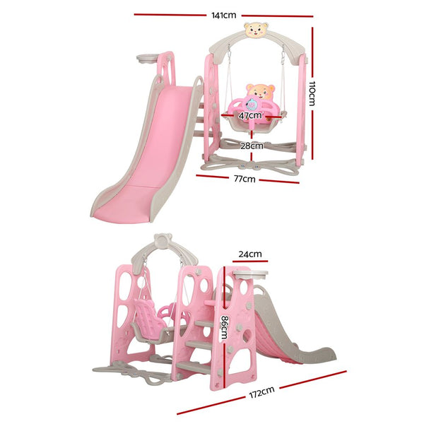 Pink Kids Slide Swing Outdoor Playground Music Basketball Set