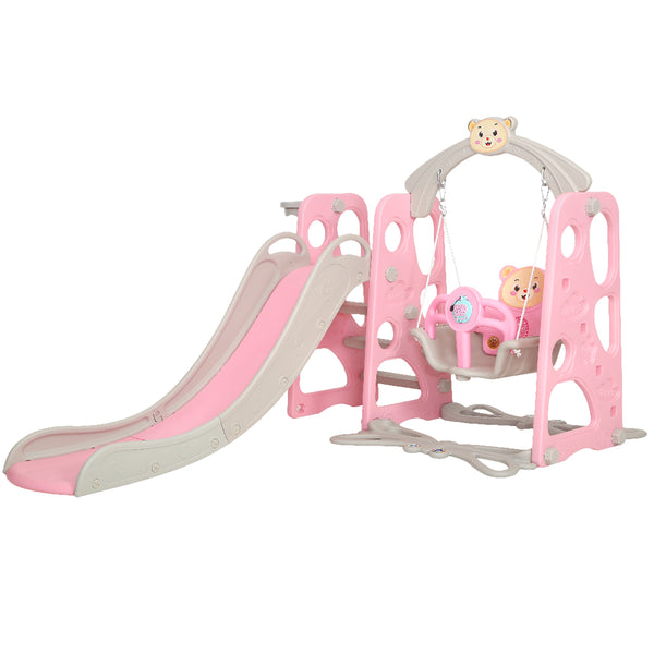 Pink Kids Slide Swing Outdoor Playground Music Basketball Set