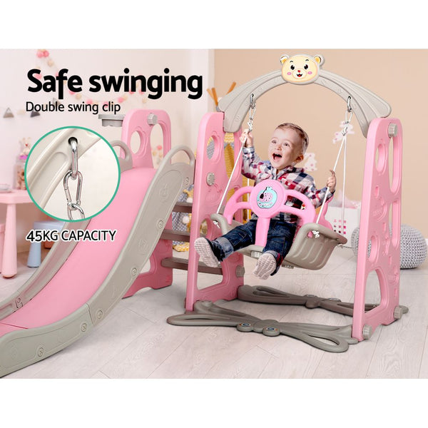 Pink Kids Slide Swing Outdoor Playground Music Basketball Set