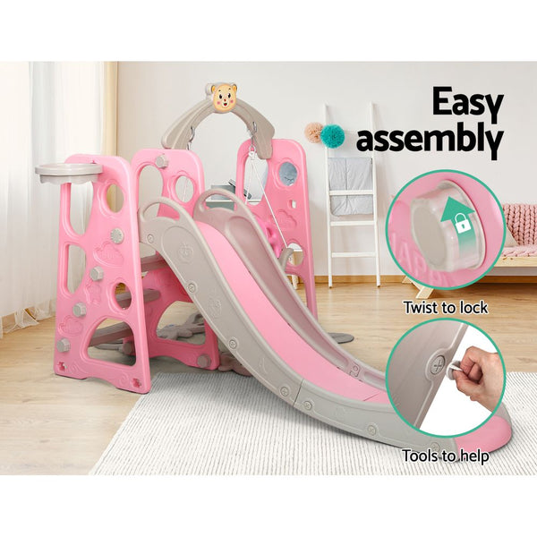 Pink Kids Slide Swing Outdoor Playground Music Basketball Set