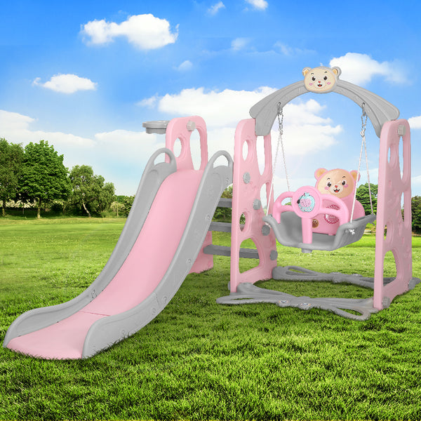 Pink Kids Slide Swing Outdoor Playground Music Basketball Set