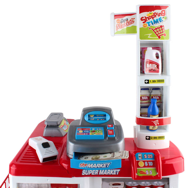 Kids Red & White Supermarket Toy Set Complete With Checkout and Shopping Trolley