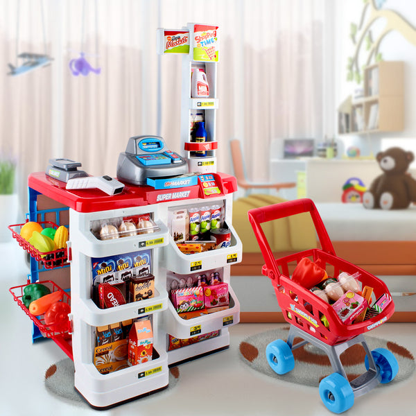 Kids Red & White Supermarket Toy Set Complete With Checkout and Shopping Trolley