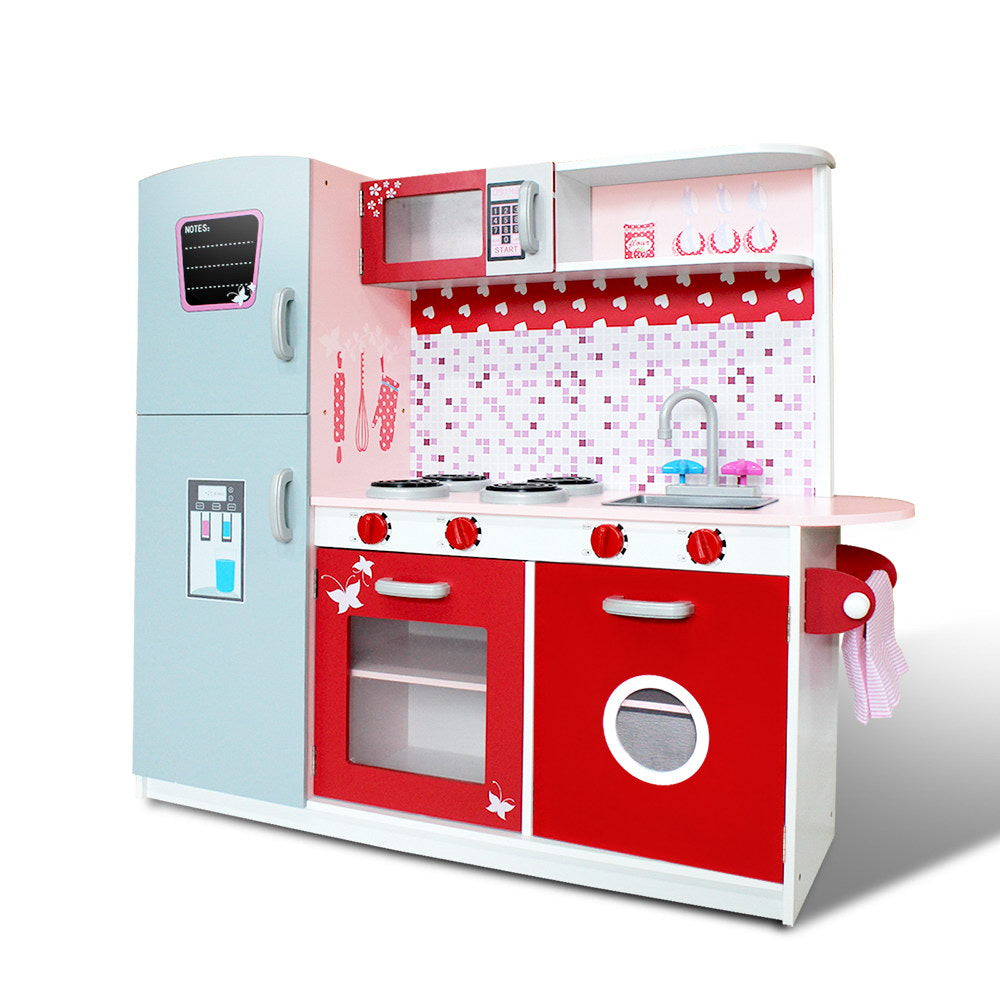 Red & Pink Wooden Play Kitchen - Realistic Play Set with Blackboard + Stovetop + Oven + Sink + Fridge + Microwave + Storage (FREE Shipping)