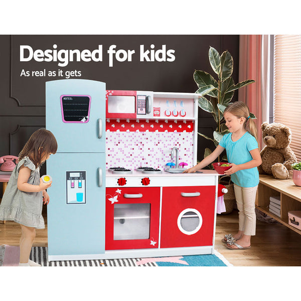 Red & Pink Wooden Play Kitchen - Realistic Play Set with Blackboard + Stovetop + Oven + Sink + Fridge + Microwave + Storage (FREE Shipping)