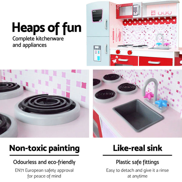 Red & Pink Wooden Play Kitchen - Realistic Play Set with Blackboard + Stovetop + Oven + Sink + Fridge + Microwave + Storage (FREE Shipping)