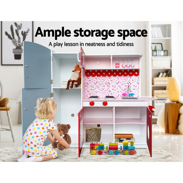 Red & Pink Wooden Play Kitchen - Realistic Play Set with Blackboard + Stovetop + Oven + Sink + Fridge + Microwave + Storage (FREE Shipping)