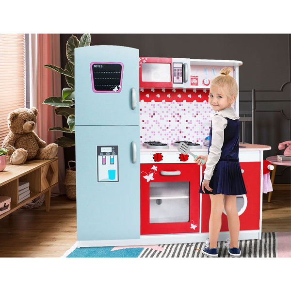 Red & Pink Wooden Play Kitchen - Realistic Play Set with Blackboard + Stovetop + Oven + Sink + Fridge + Microwave + Storage (FREE Shipping)
