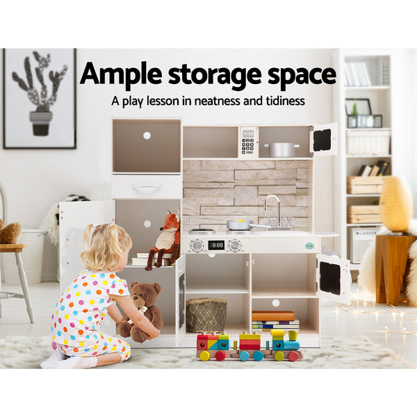 Wooden Play Kitchen - Realistic Play Set with Stovetop + Oven + Sink + Fridge + Microwave + Storage (FREE Shipping)