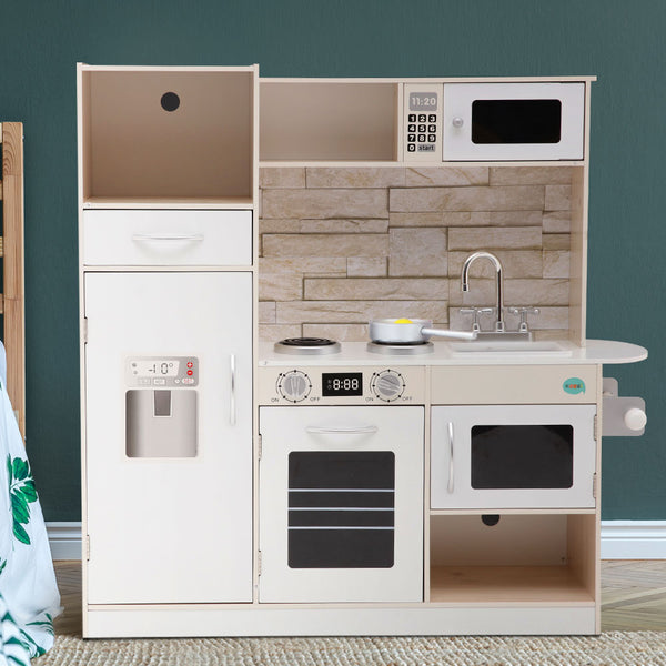 Wooden Play Kitchen - Realistic Play Set with Stovetop + Oven + Sink + Fridge + Microwave + Storage (FREE Shipping)