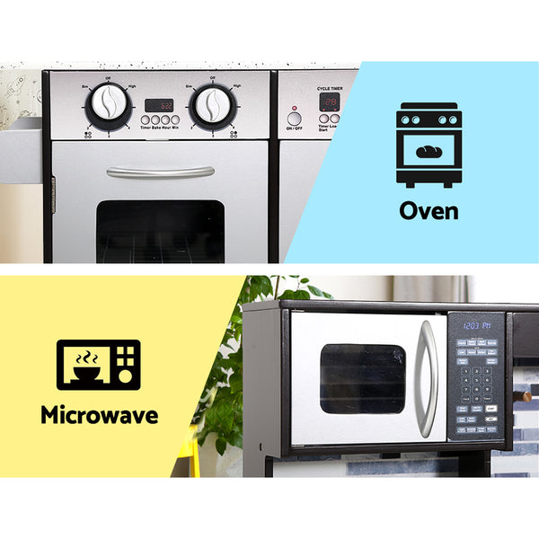 Black Wooden Play Kitchen - Realistic Play Set with Stovetop + Oven + Sink + Fridge + Microwave + Storage (FREE Shipping)