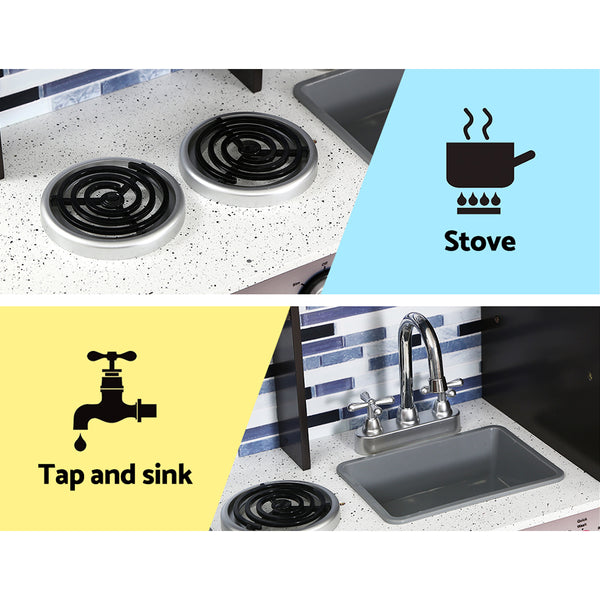 Black Wooden Play Kitchen - Realistic Play Set with Stovetop + Oven + Sink + Fridge + Microwave + Storage (FREE Shipping)