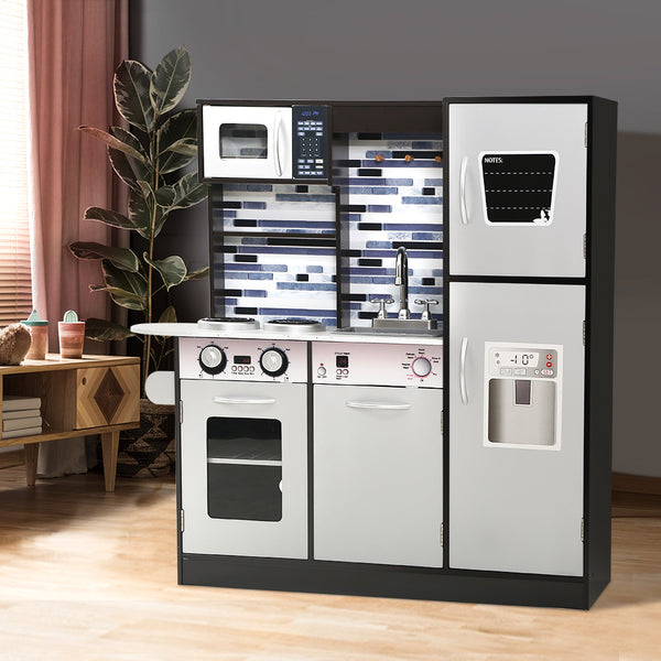 Black Wooden Play Kitchen - Realistic Play Set with Stovetop + Oven + Sink + Fridge + Microwave + Storage (FREE Shipping)