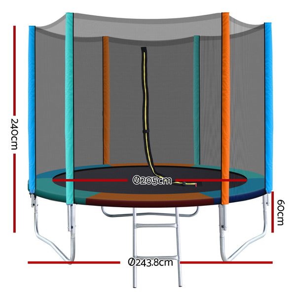 8FT Trampoline Round Trampolines Kids Safety Net Enclosure Pad Outdoor Gift Multi-coloured