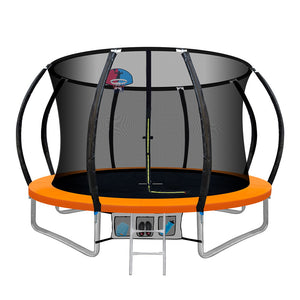 10FT Trampoline Round Trampolines With Basketball Hoop Kids Present Gift Enclosure Safety Net Pad Outdoor Orange