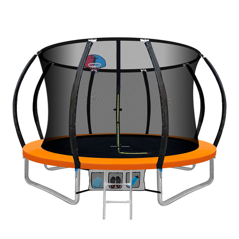 10FT Trampoline Round Trampolines With Basketball Hoop Kids Present Gift Enclosure Safety Net Pad Outdoor Orange
