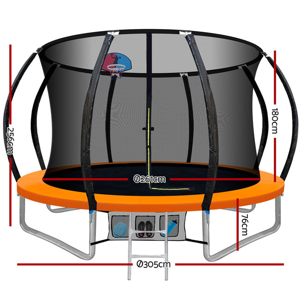 10FT Trampoline Round Trampolines With Basketball Hoop Kids Present Gift Enclosure Safety Net Pad Outdoor Orange