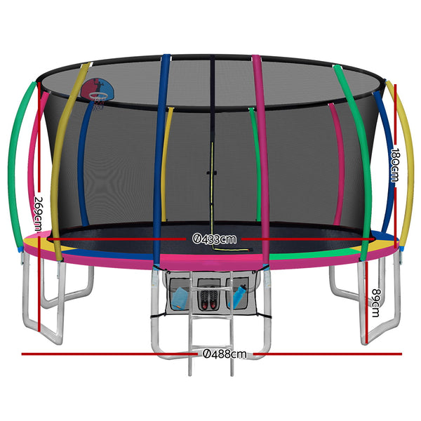 16FT Trampoline Round Trampolines With Basketball Hoop Kids Present Gift Enclosure Safety Net Pad Outdoor Multi-coloured