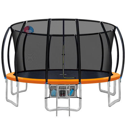 16FT Trampoline Round Trampolines With Basketball Hoop Kids Present Gift Enclosure Safety Net Pad Outdoor Multi-coloured