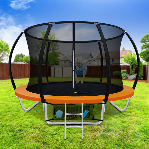 8FT Trampoline Round Trampolines Kids Present Gift Enclosure Safety Net Pad Outdoor Orange